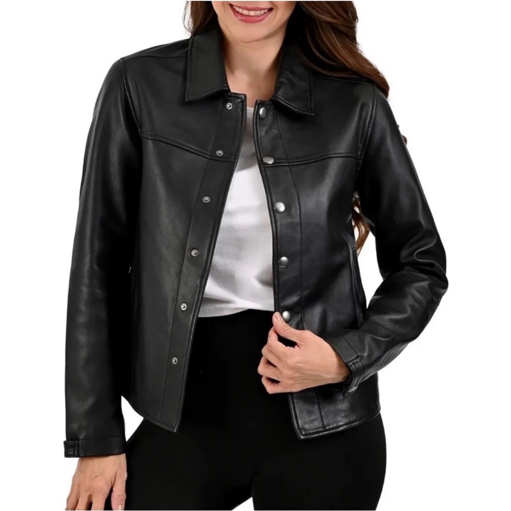 NEW Frye Women’s Genuine Lamb Leather Snap Button Collared Black Jacket, Size L